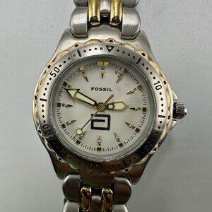 Fossil Watch Women Silver Gold Two Tone Round White Dial New Battery 6 Inch